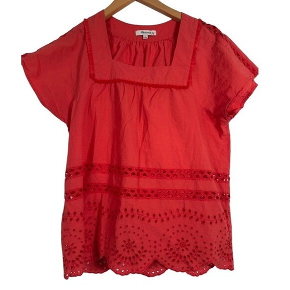 Madewell Coral Square Neck Eyelet Embroidered Cotton Short Sleeve Top Size S - Picture 2 of 7